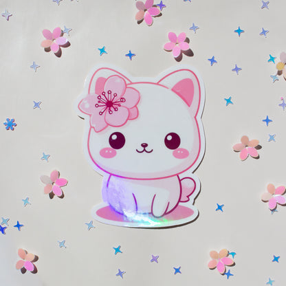 Kawaii Katze Kirschblüten Sticker einzeln, süßer Anime-Stil, Glossy Finish, Rosa & Weiß
