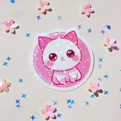 Kawaii Katze Sticker Produktansicht auf weißem Hintergrund, Pastell-Rosa & Weiß
