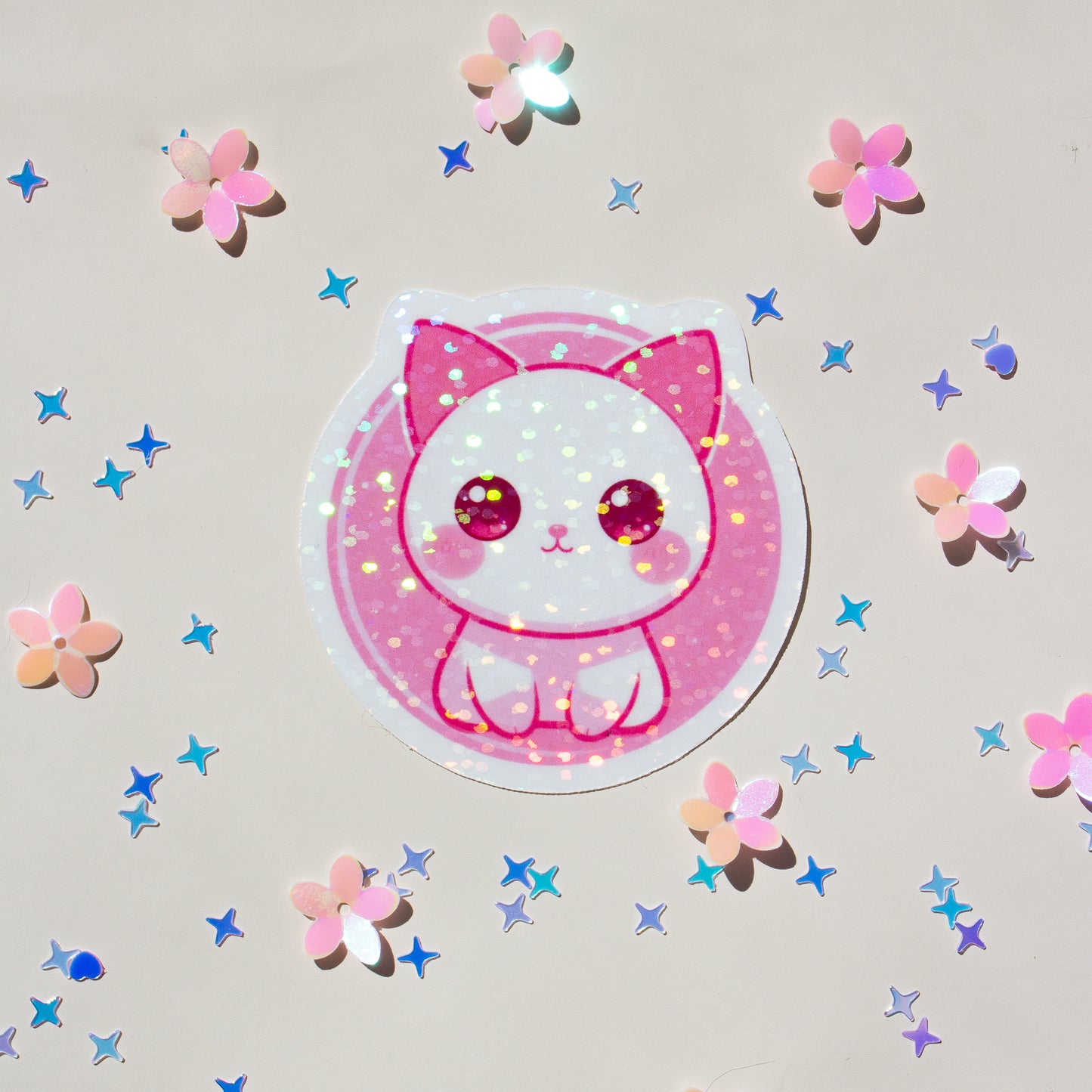 Kawaii Katze Vinyl Sticker Nahaufnahme, holografischer Effekt, wasserfest