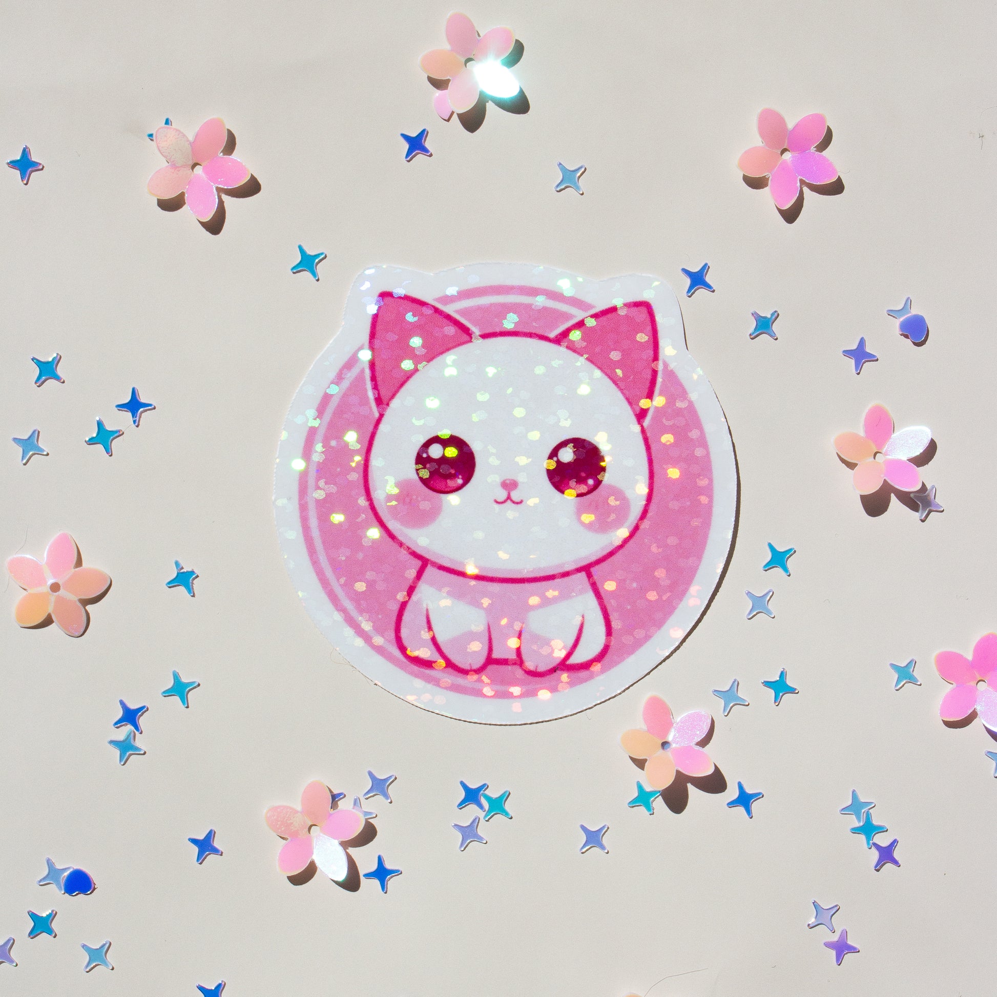 Kawaii Katze Vinyl Sticker Nahaufnahme, holografischer Effekt, wasserfest