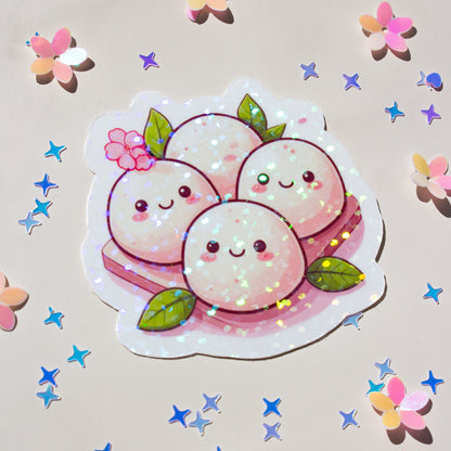 Kawaii Mochi Sakura Sticker, Vinyl, Holografische Punkte, schimmernder Effekt, Pastell Rosa & Cremeweiß