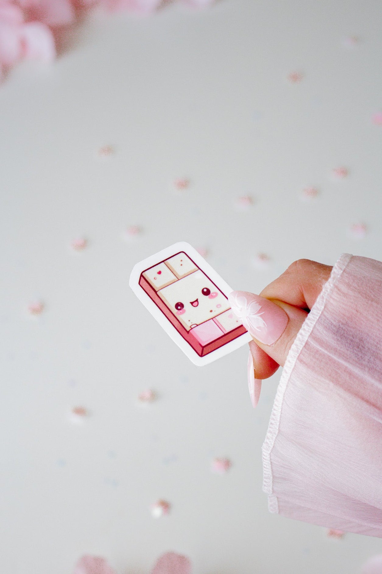 Kawaii Schokoladentafel-Sticker in Rosa-Weiß mit süßem Gesicht, gehalten von einer Hand vor hellrosa Hintergrund mit Sternchen-Konfetti