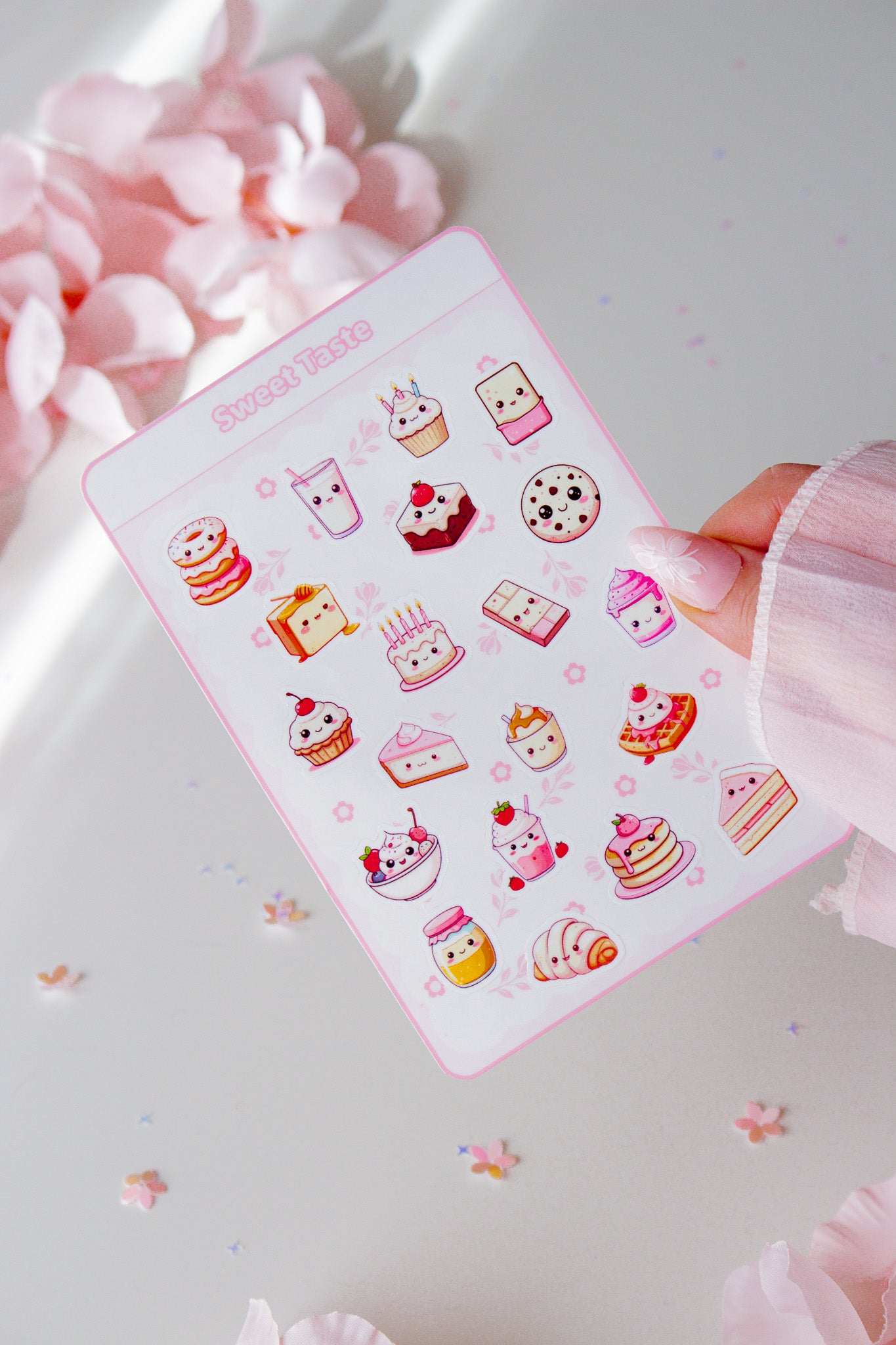 Kawaii Vinyl Sticker Bogen Sweet Taste Glossy, 20 niedliche Food-Motive mit Kawaii-Gesichtern in Pastellrosa, in der Hand gehalten vor rosa Blüten
