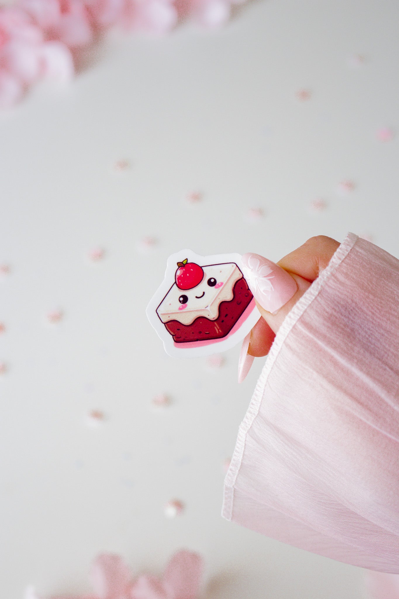 Kawaii Törtchen Sticker in Pink, gehalten von einer Hand vor hellrosa Hintergrund mit Blütenblättern