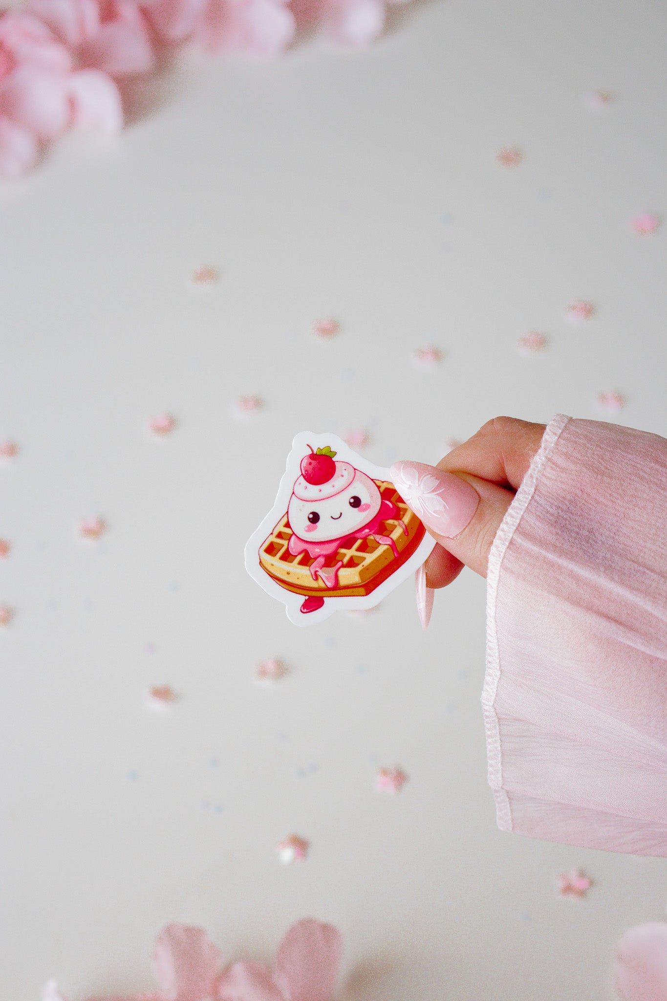 Kawaii Waffel Sticker mit Erdbeere, gehalten von einer Hand vor hellrosa Hintergrund