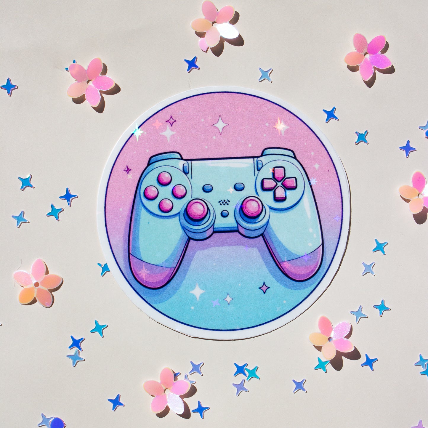 Kawaii gamingSticker – Produktansicht auf weißem Hintergrund, stars holo

