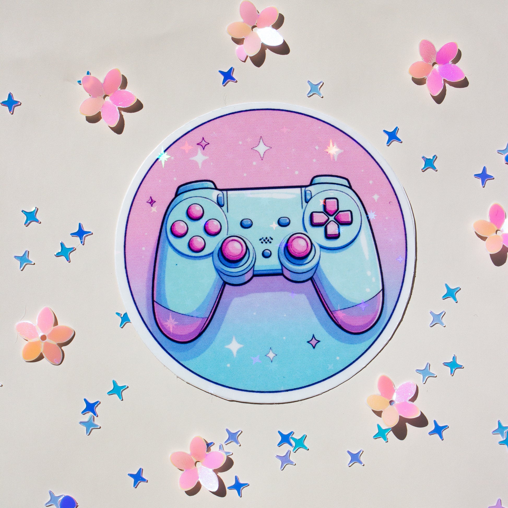 Kawaii gamingSticker – Produktansicht auf weißem Hintergrund, stars holo

