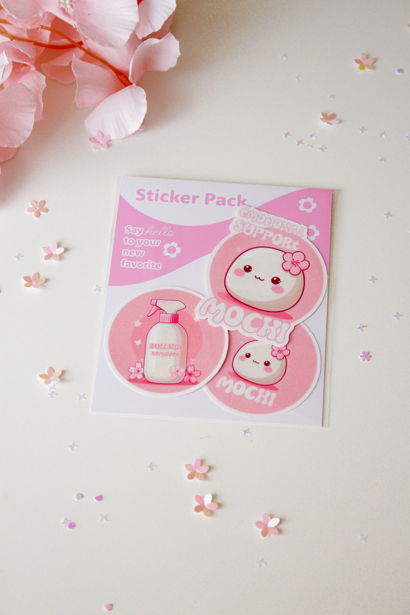 Mochi Sticker Pack flach liegend mit Kirschblüten Dekoration
