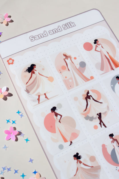 Sand and Silk Sticker Bogen – Frontansicht mit 9 quadratischen Stickern, minimalistische Frauen-Silhouetten in weißen und cremefarbenen Kleidern mit pastellfarbenen Kreisen als Hintergrund