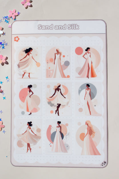 Sand and Silk Sticker Bogen – Schrägansicht mit 9 minimalistischen Frauen-Illustrationen in Sand- und Peachtönen, elegante Posen mit fließenden Kleidern, umgeben von Glitzer-Konfetti