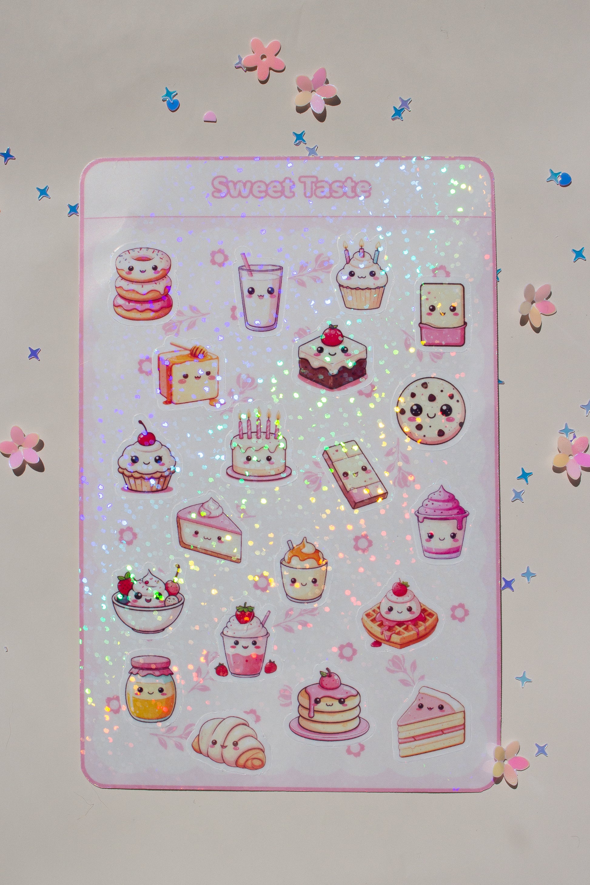Sweet Taste Sticker Bogen mit holografischem Glitzereffekt – kawaii Süßigkeiten-Sticker mit schimmernder Oberfläche, Donut, Cupcake und Torte sichtbar, mit Blüten-Konfetti