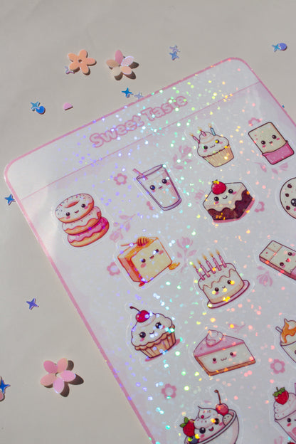 Sweet Taste Sticker Bogen Frontansicht – 20 kawaii Dessert-Sticker auf weißem Bogen mit rosa Rahmen, Motive: Donut, Milchglas, Cupcake, Brownie, Keks, Torte, Schokolade, Waffel, Croissant und mehr