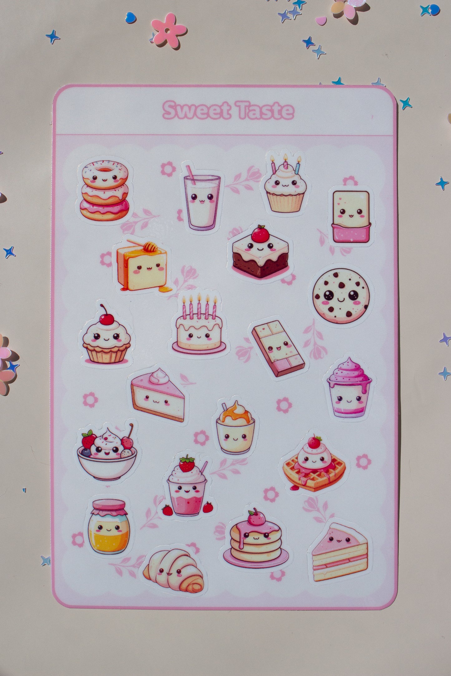 Sweet Taste Sticker Bogen mit 20 kawaii Süßigkeiten-Stickern – Donut, Cupcake, Torte, Keks, Waffel, Croissant, Milchshake und mehr in Rosa und Pastelltönen, umgeben von Glitzer-Konfetti