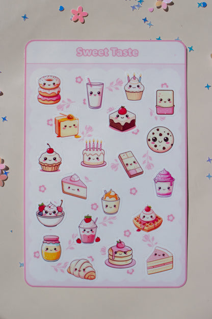Sweet Taste Sticker Bogen mit 20 kawaii Süßigkeiten-Stickern – Donut, Cupcake, Torte, Keks, Waffel, Croissant, Milchshake und mehr in Rosa und Pastelltönen, umgeben von Glitzer-Konfetti