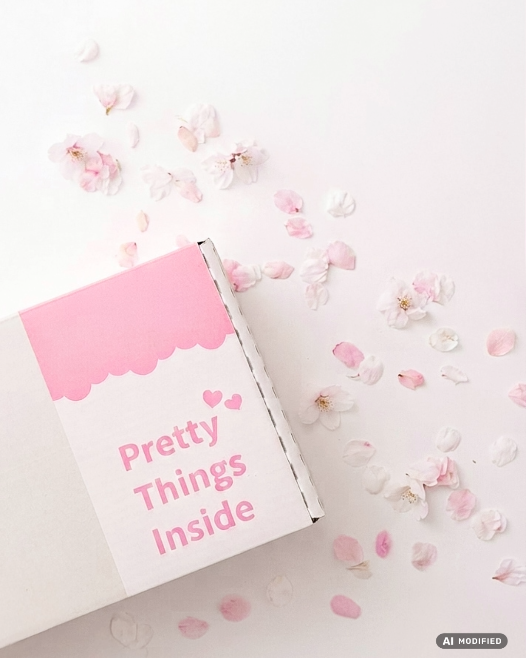Weiße versandbox mit rosa Wellenkante und pinkem Aufdruck Pretty Things Inside, umgeben von Kirschblütenblättern auf weißem Hintergrund, Vogelperspektive, ai modifiziert