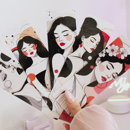 Frau Illustration Bundle, 3 Vinyl Sticker & 5 Lesezeichen Set