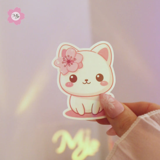 Kawaii Katze Kirschblüten Sticker in Aktion – Holografischer Effekt, Vinyl, Anime-Stil