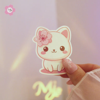 Kawaii Katze Kirschblüten Sticker in Aktion – Holografischer Effekt, Vinyl, Anime-Stil